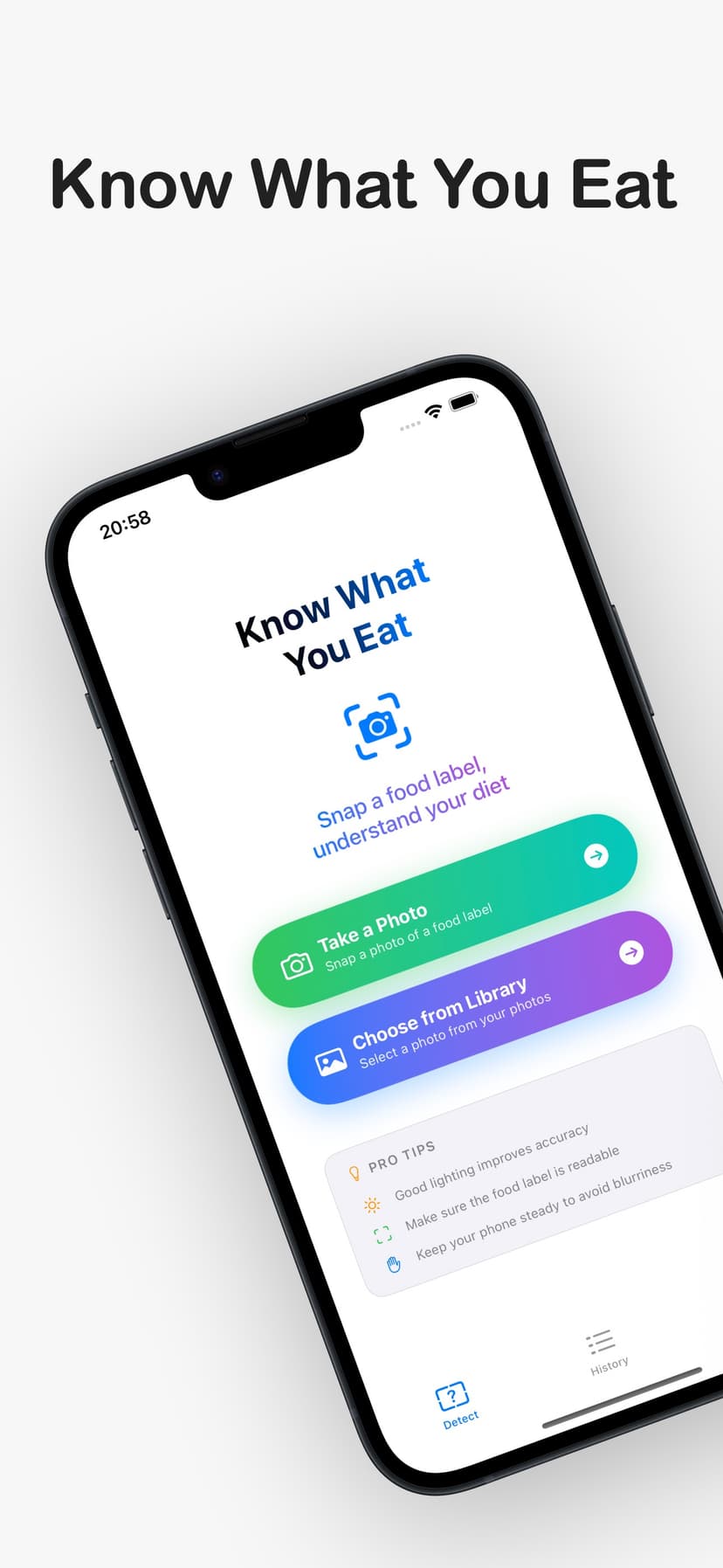 FoodLens app main interface showing scan options